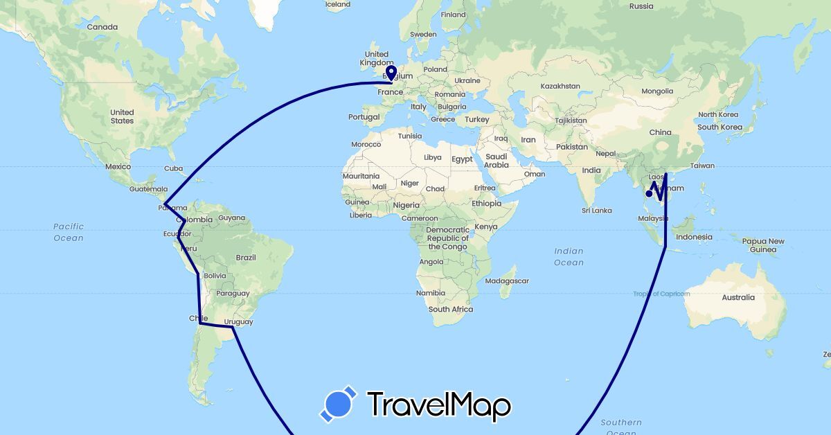 TravelMap itinerary: driving in Argentina, Chile, Colombia, Costa Rica, Ecuador, France, Indonesia, Cambodia, Laos, Peru, Thailand, Vietnam (Asia, Europe, North America, South America)